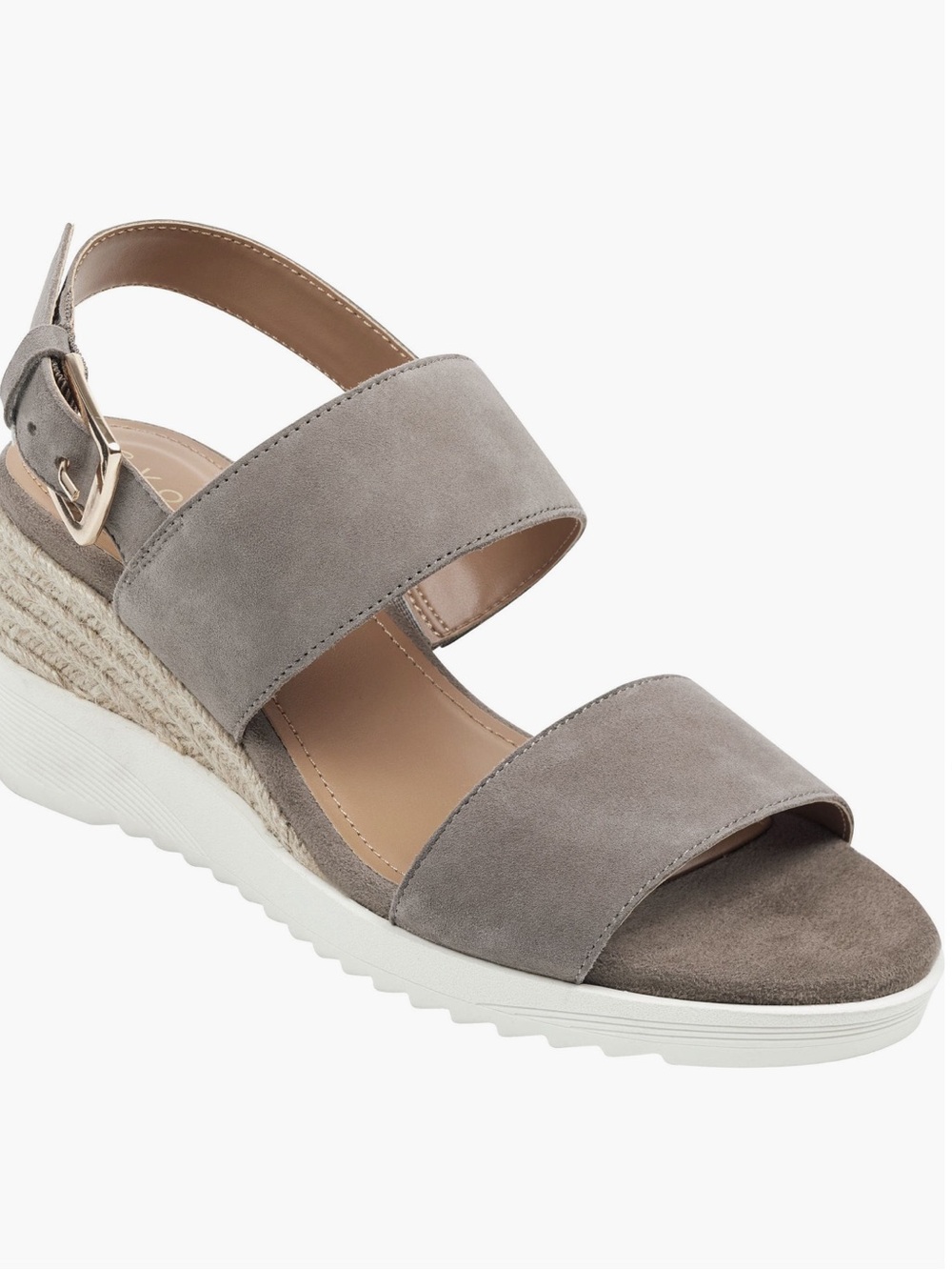 Evolve Zen Suede Two-Strap Wedge Sandal in Taupe